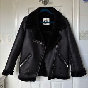 Zara Women's Black Leather Jacket with Shearling